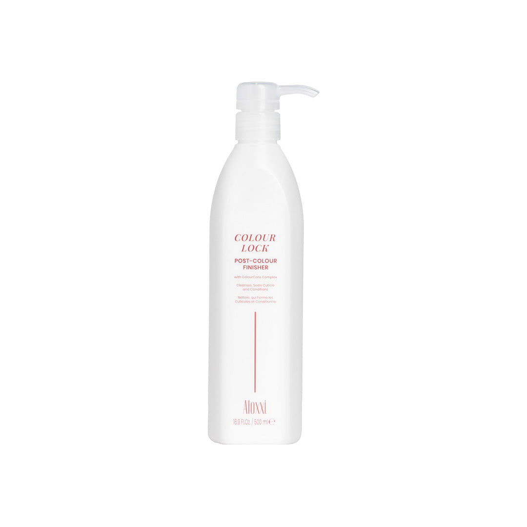 White bottle of 'Colour Lock' hair product on a white background